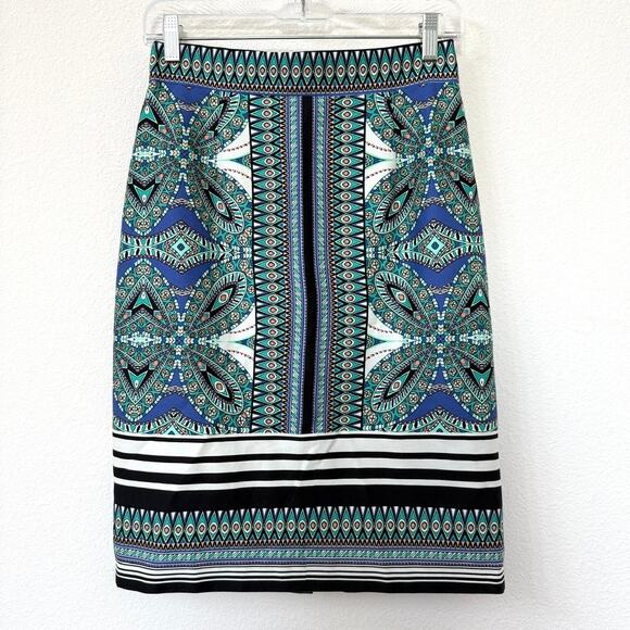 ANTONIO MELANI Pencil Skirt Blue Geometric Print Cotton Lined Size 2 Chic - Picture 1 of 5